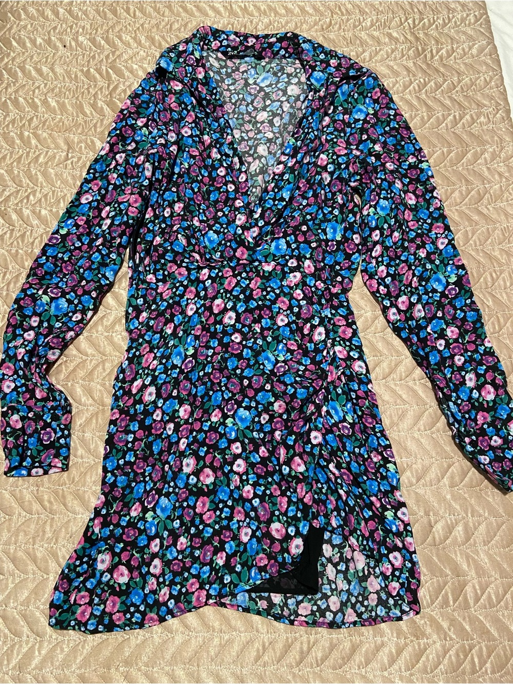 Zara Long Sleeve Floral Wrap Top in Black with Pink & Blue Flowers